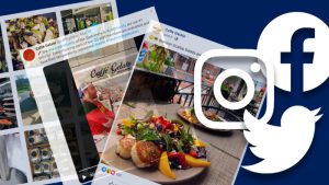 Three Caffe Gelato social media posts and Instagram, Twitter and Facebook icons