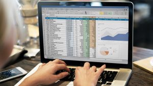 person working in an Excel table on a laptop