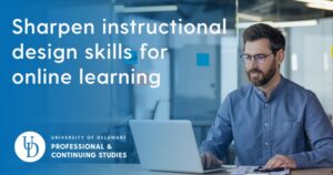 Man working on a laptop in an office setting with the tagline "Sharpen instructional design skills for online learning."