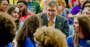 Governor Matt Meyer speaks with students participating in the 2026 Delaware Governor's School for Excellence during a question-and-answer session at the University of Delaware.